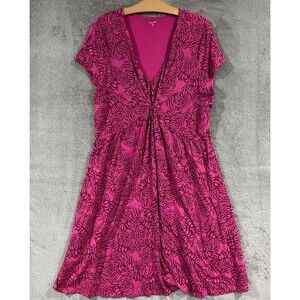 Garnet Hill Floral Ruched Gathered Dress Cap Sleeve Stretch Knit Pink Women's 18